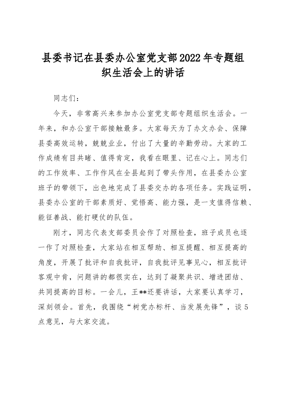 县委书记在县委办公室党支部2022年专题组织生活会上的讲话.docx,第1页预览