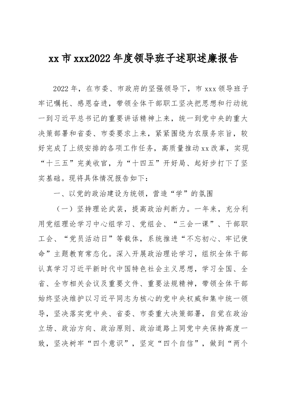 市XXX 2022年度领导班子述职述廉报告.docx,第1页预览