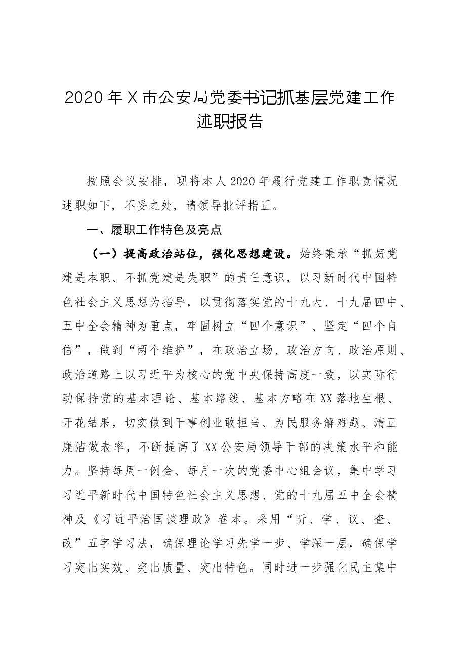 X市公安局党委书记抓基层党建工作述职报告.docx,第1页预览