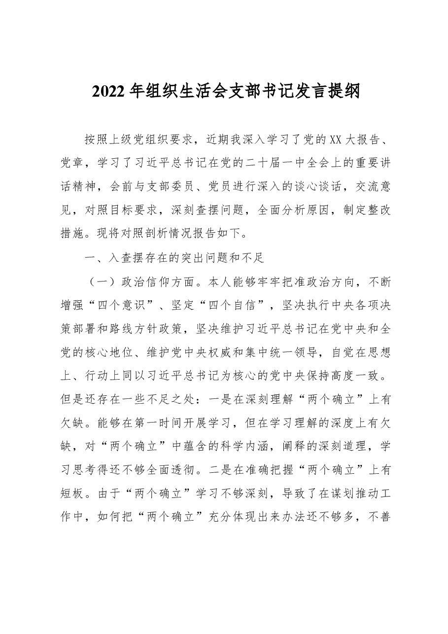 2022年组织生活会支部书记发言提纲.docx,第1页预览