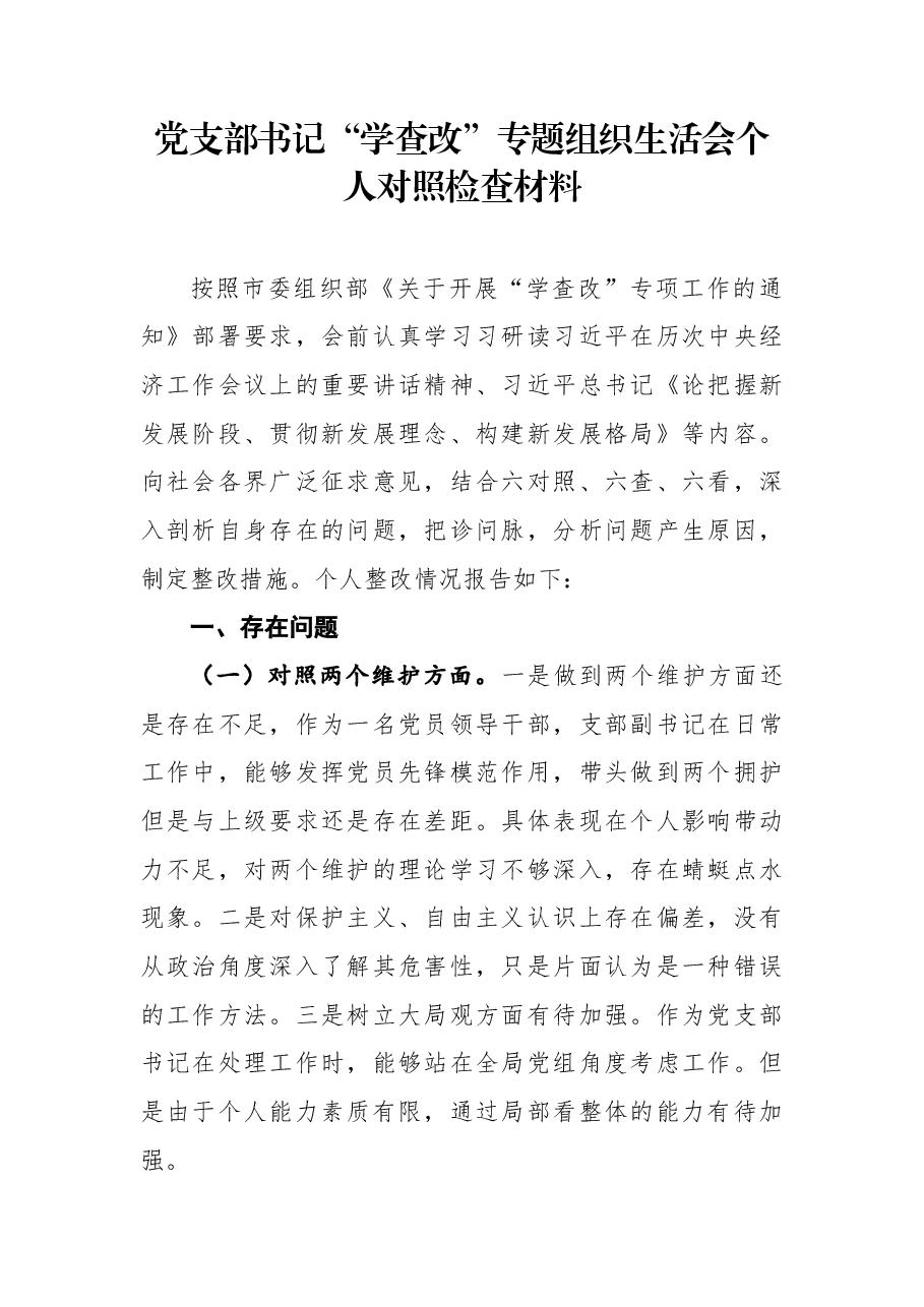 党支部书记“学查改”专题组织生活会个人对照检查材料.docx,第1页预览
