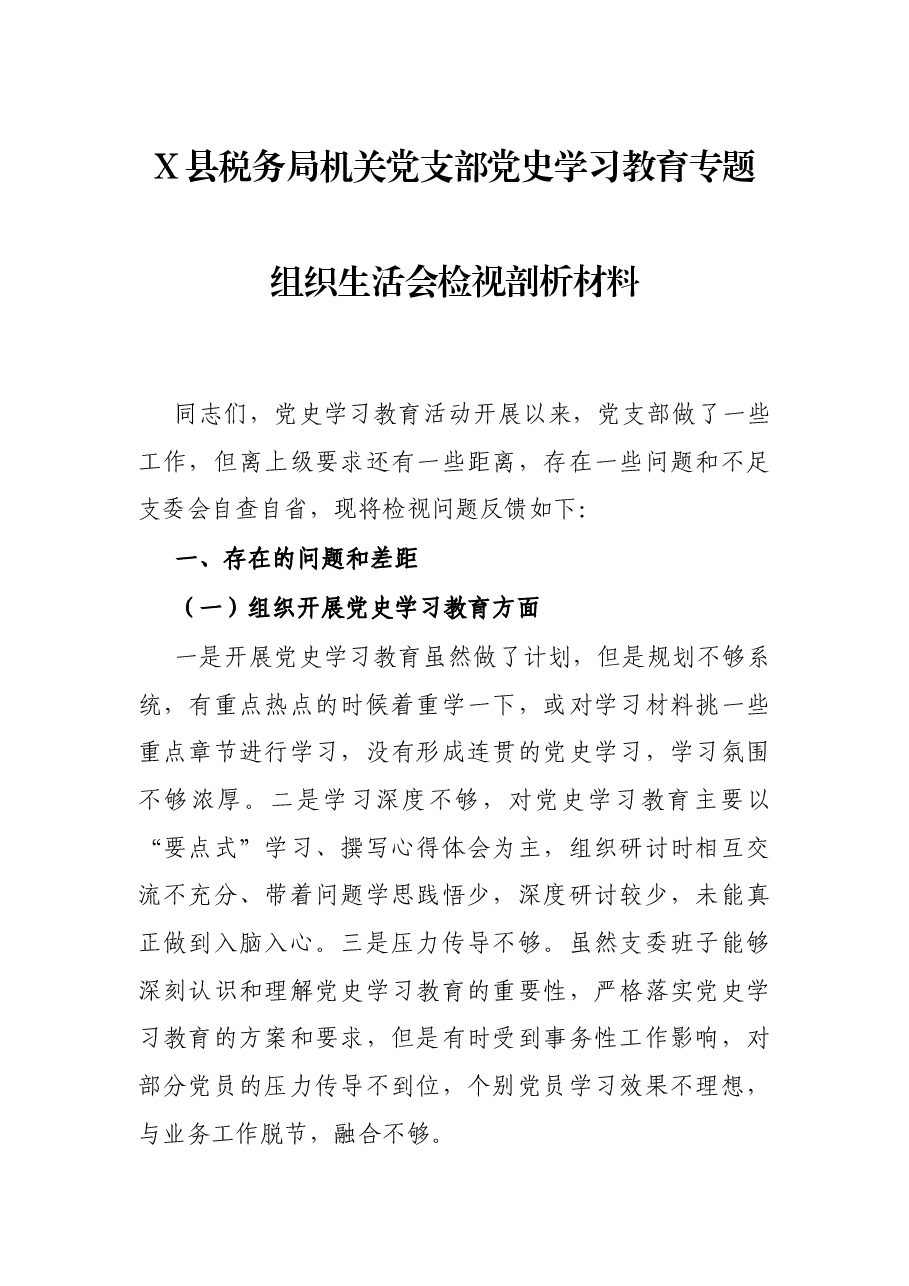 X县税务局机关党支部党史学习教育专题组织生活会检视剖析材料.docx,第1页预览