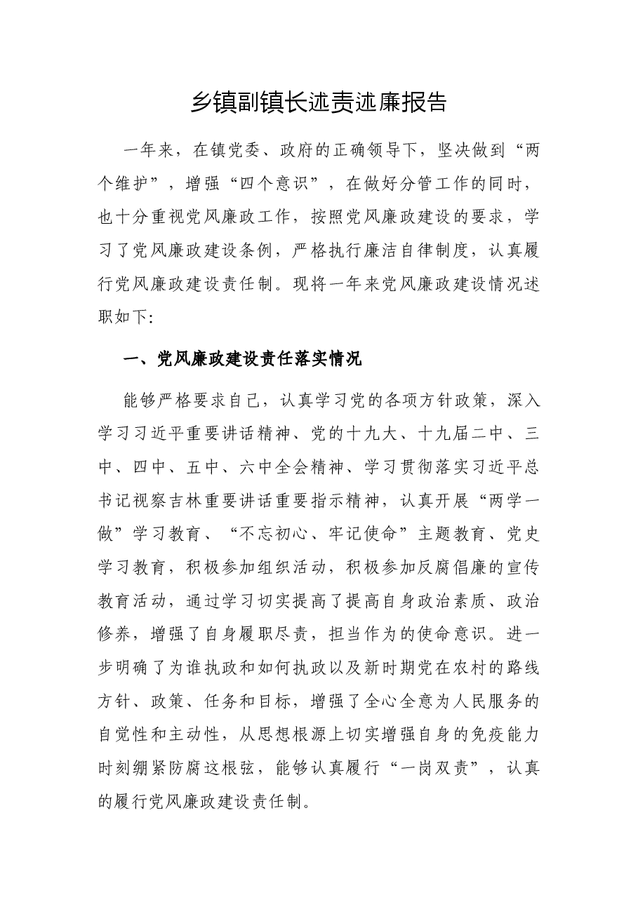 乡镇副镇长述责述廉报告.docx,第1页预览