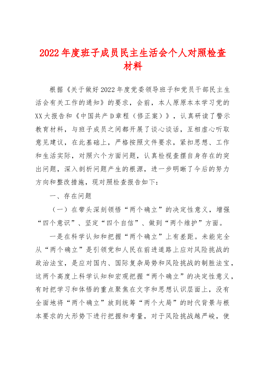 2022年度班子成员民主生活会个人对照检查材料.docx,第1页预览