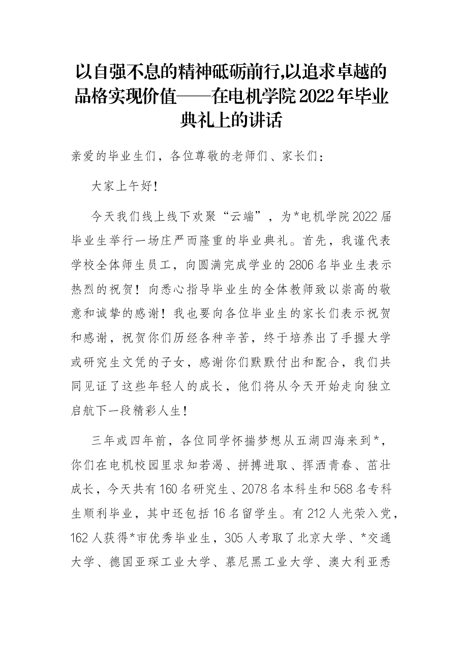 以自强不息的精神砥砺前行,以追求卓越的品格实现价值——在电机学院2022年毕业典礼上的讲话.docx,第1页预览