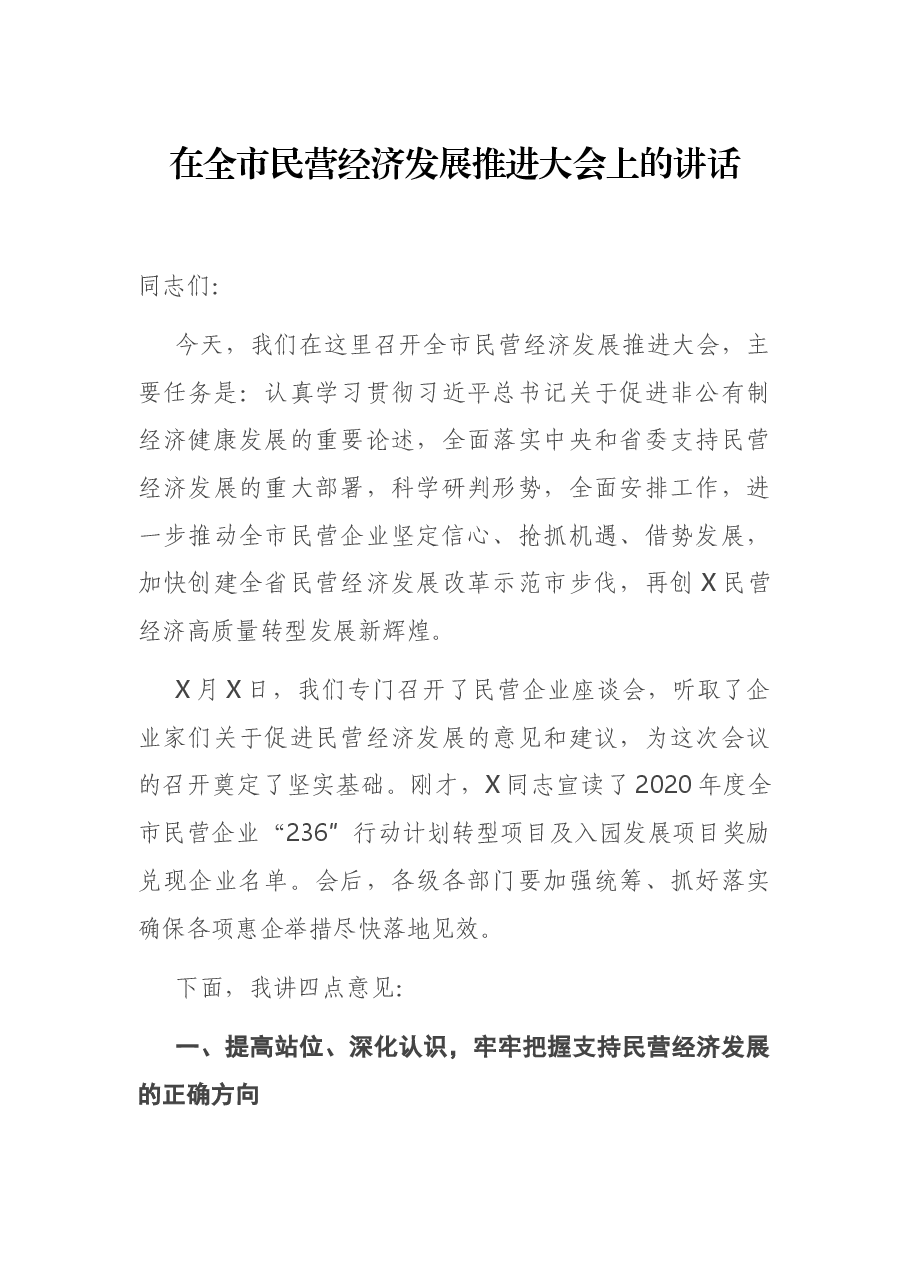 在全市民营经济发展推进大会上的讲话.docx,第1页预览