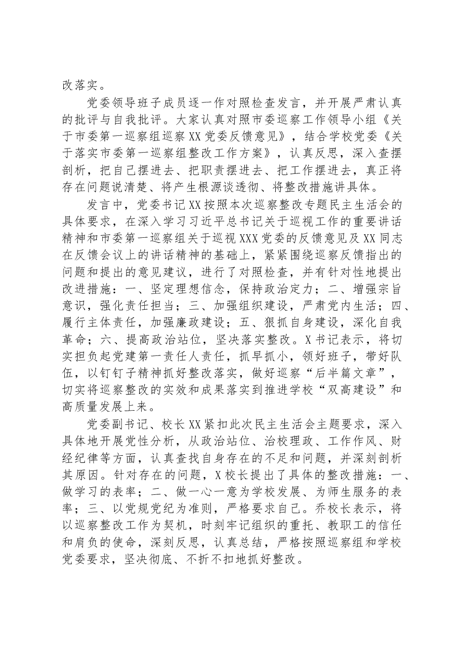 XX学校市委巡查组反馈意见整改专题民主生活会专题报告.docx，第3页预览