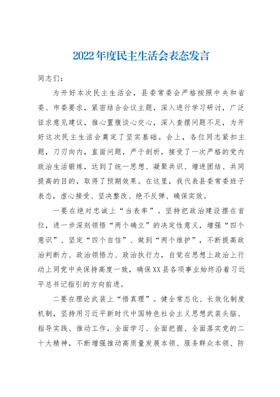 2022年度民主生活会表态发言(书记).docx,第1页预览