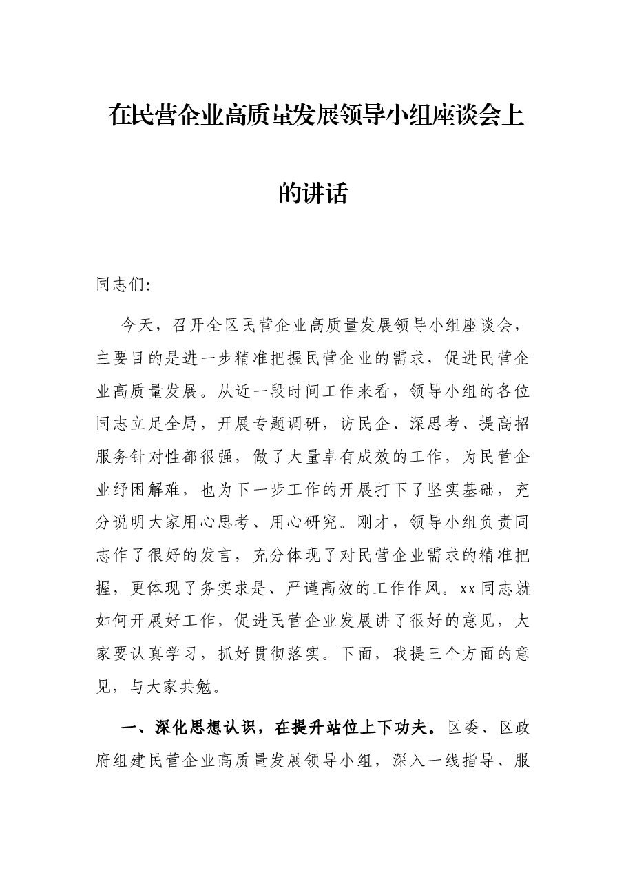 在民营企业高质量发展领导小组座谈会上的讲话.docx,第1页预览