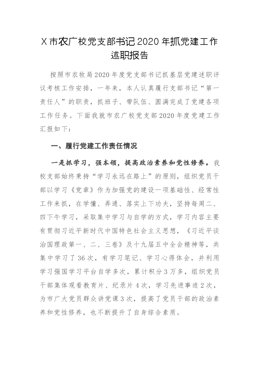 X市农广校党支部书记2020年抓党建工作述职报告.docx，第1页预览