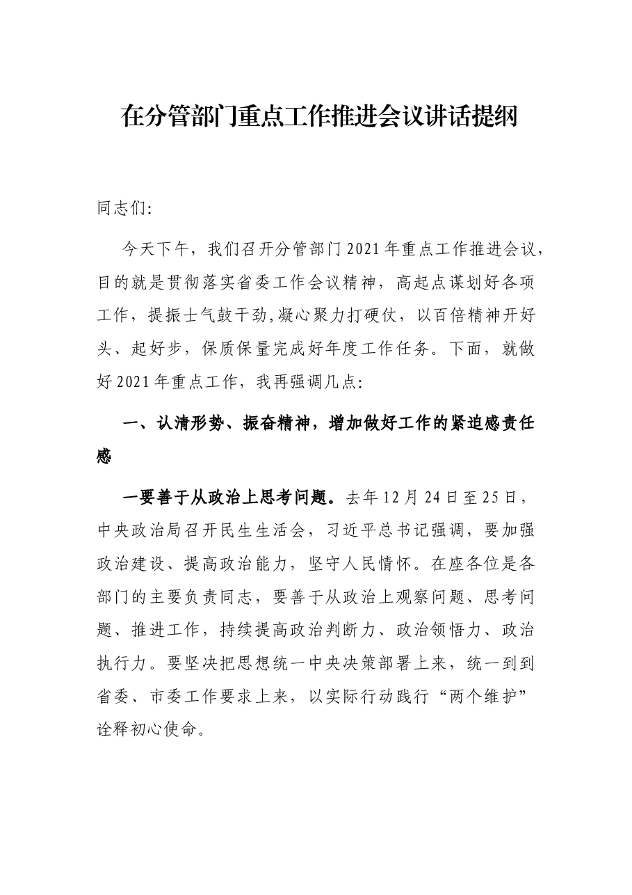 在分管部门重点工作推进会议讲话提纲.docx,第1页预览