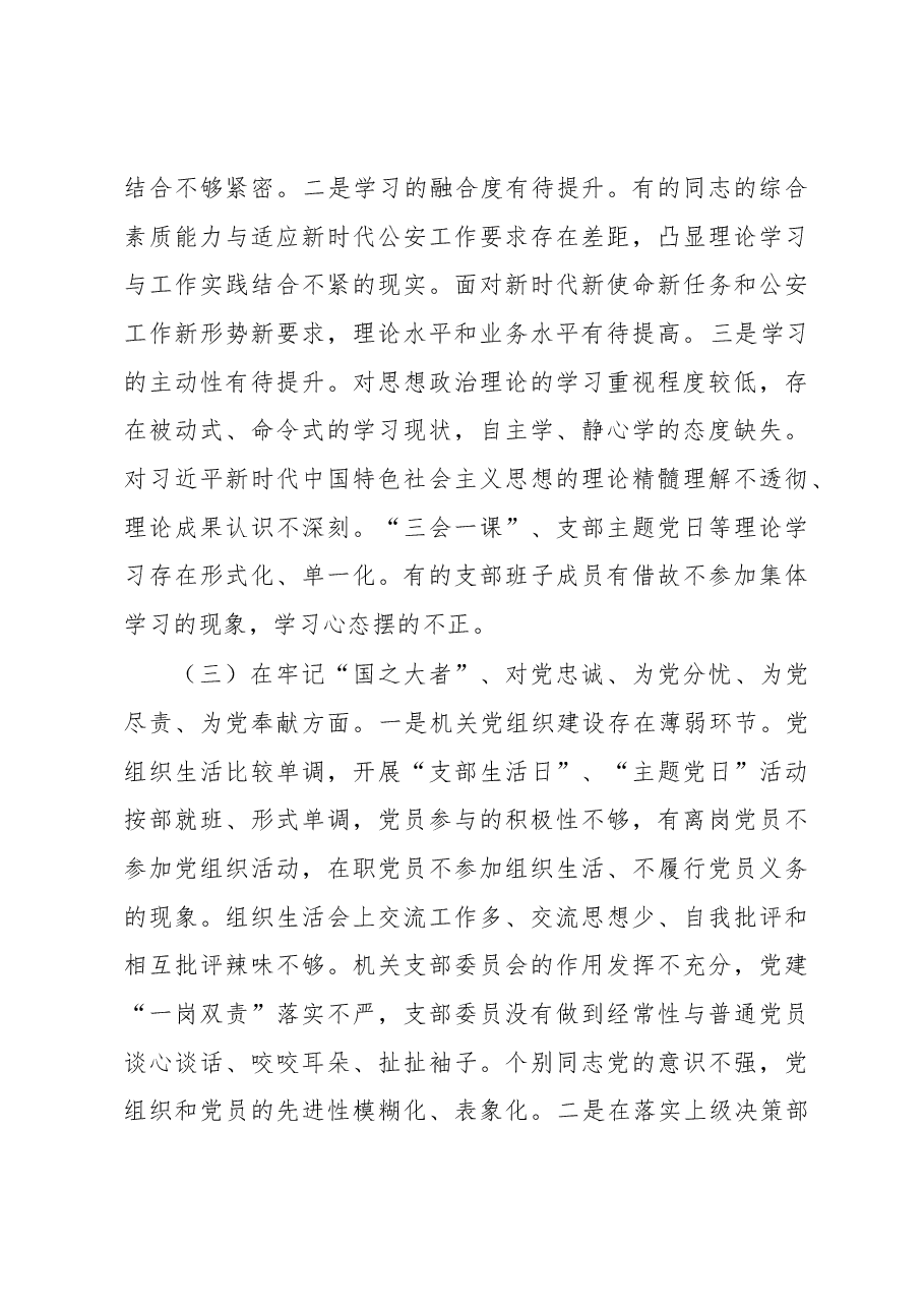 某市公安局机关支部2022年度组织生活会班子对照检查材料.docx,第3页预览