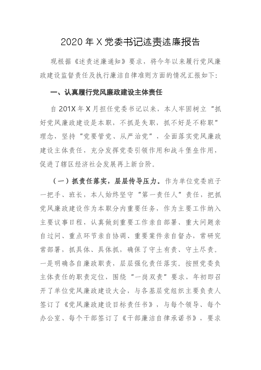 2020年X党委书记述责述廉报告.docx,第1页预览