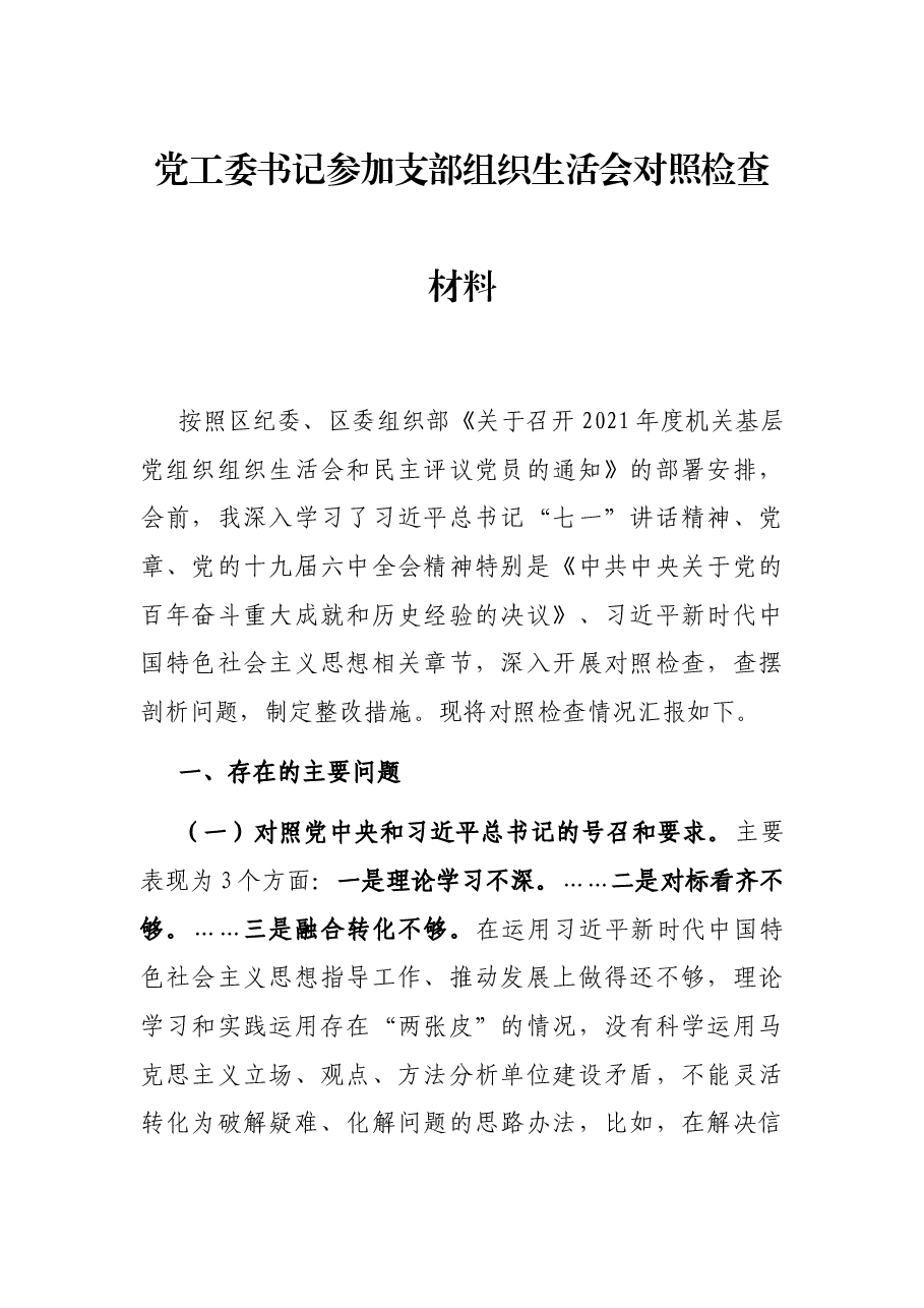 党工委书记参加支部组织生活会对照检查材料.docx,第1页预览