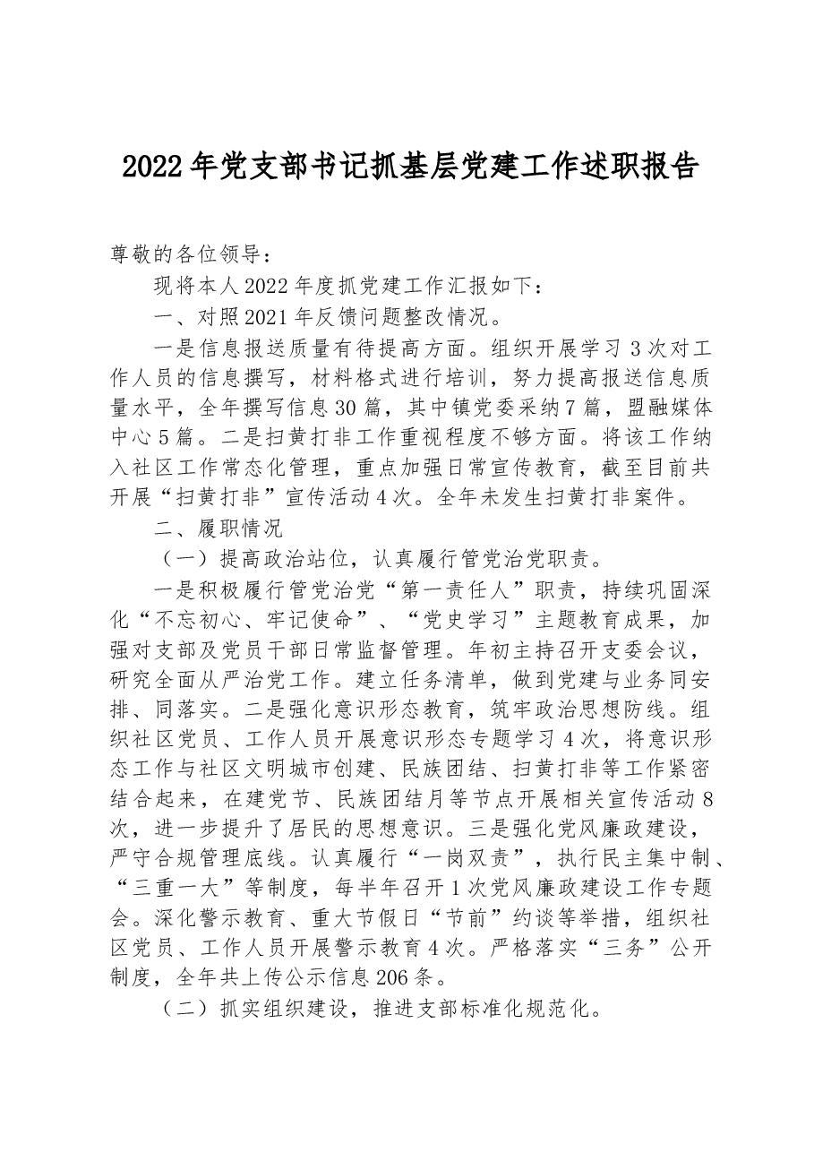 2022年党支部书记抓基层党建工作述职报告.docx，第1页预览