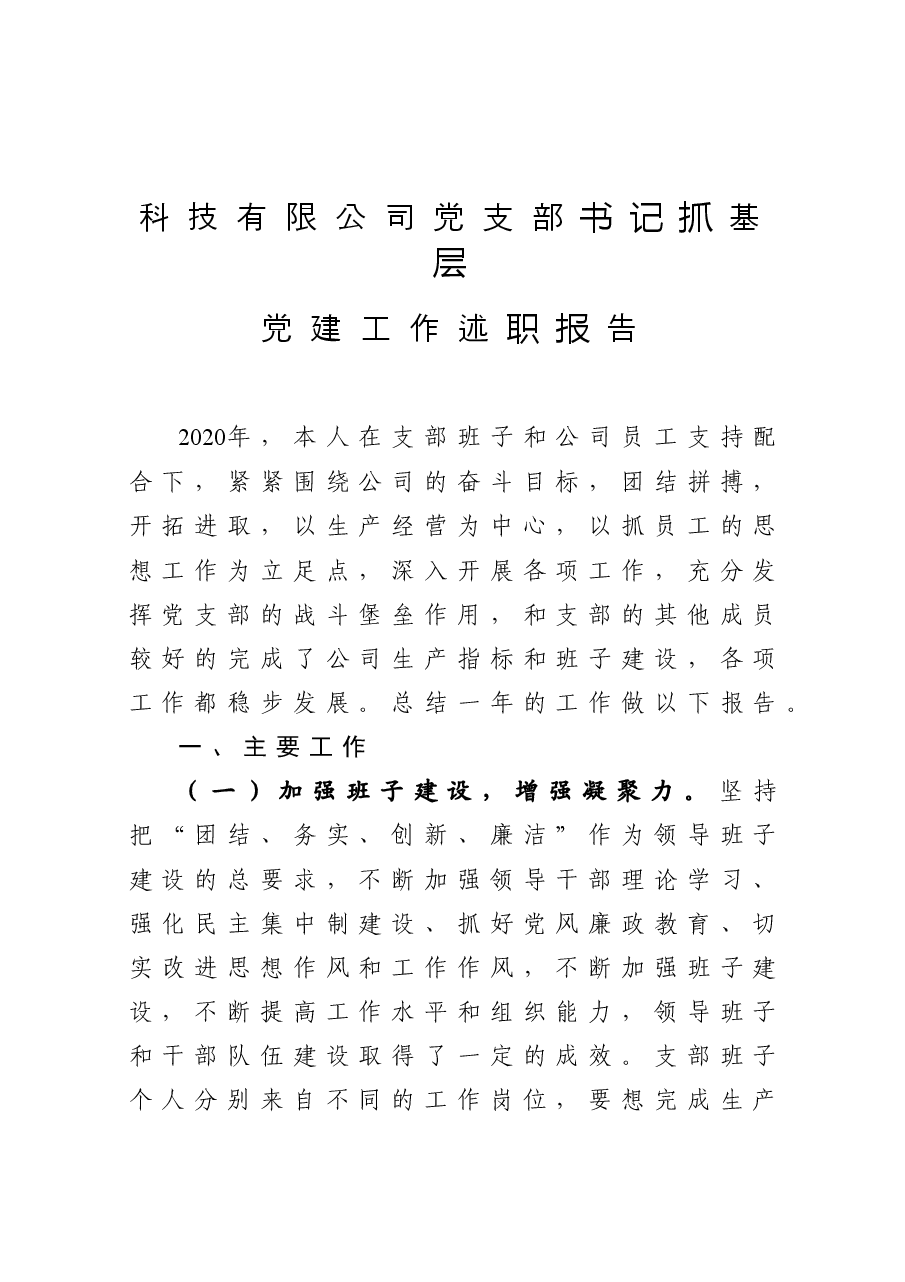 科技有限公司党支部书记抓基层党建工作述职报告.docx,第1页预览