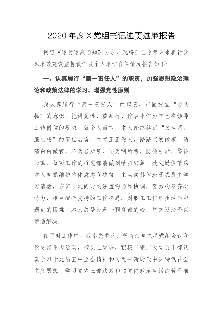 2020年度X党组书记述责述廉报告.docx,第1页预览
