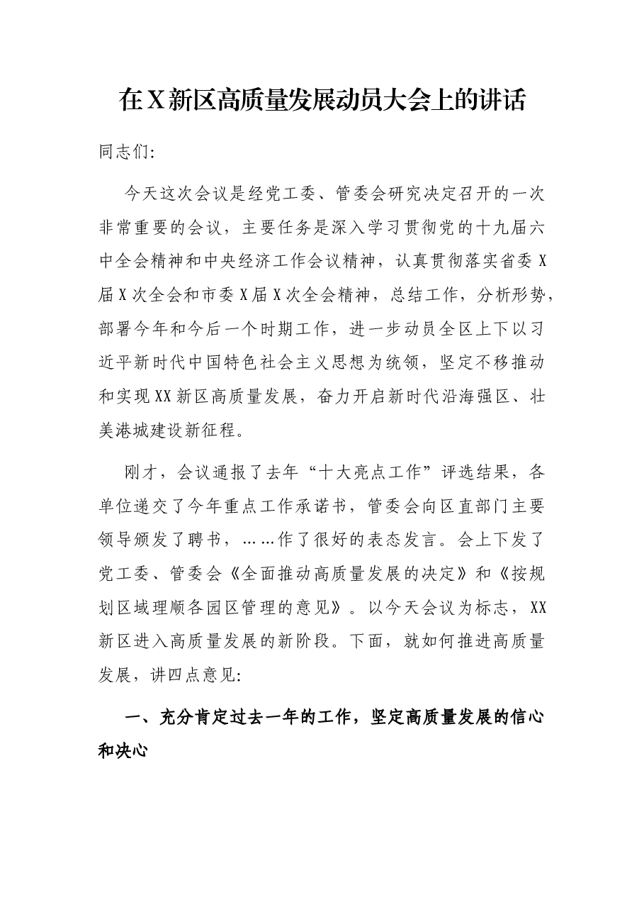 在X新区高质量发展动员大会上的讲话.docx,第1页预览