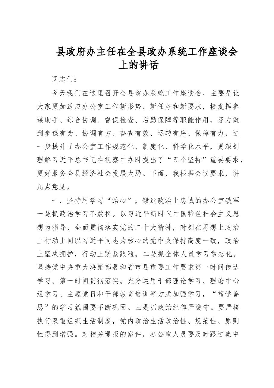 县政府办主任在全县政办系统工作座谈会上的讲话.doc,第1页预览