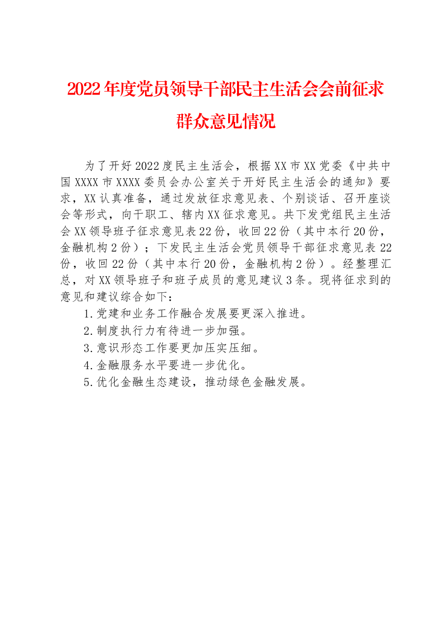 2022年度党员领导干部民主生活会会前征求群众意见情况.docx,第1页预览
