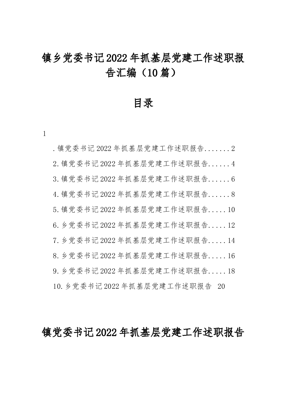 (10篇)镇乡党委书记2022年抓基层党建工作述职报告汇编.docx,第1页预览