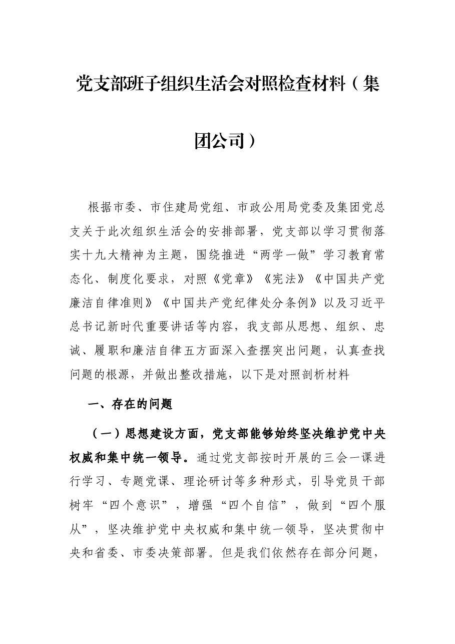 党支部班子组织生活会对照检查材料（集团公司）.docx，第1页预览