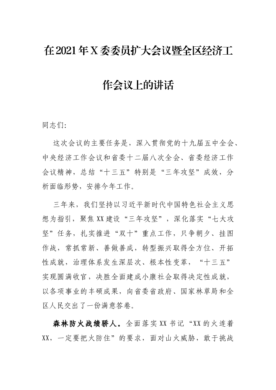 在2021年X委委员扩大会议暨全区经济工作会议上的讲话.docx，第1页预览