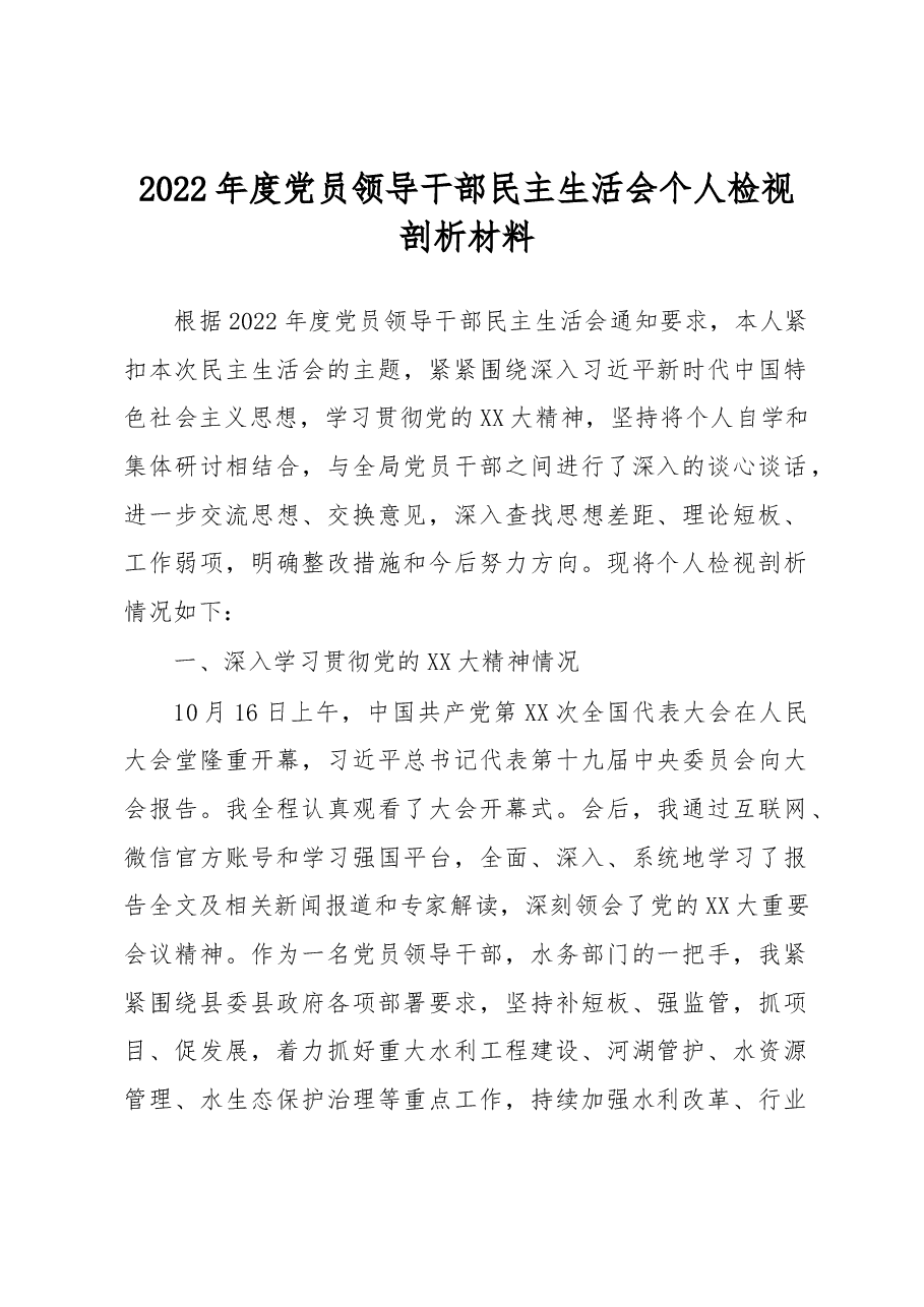 2022年度党员领导干部民主生活会个人检视剖析材料.docx,第1页预览