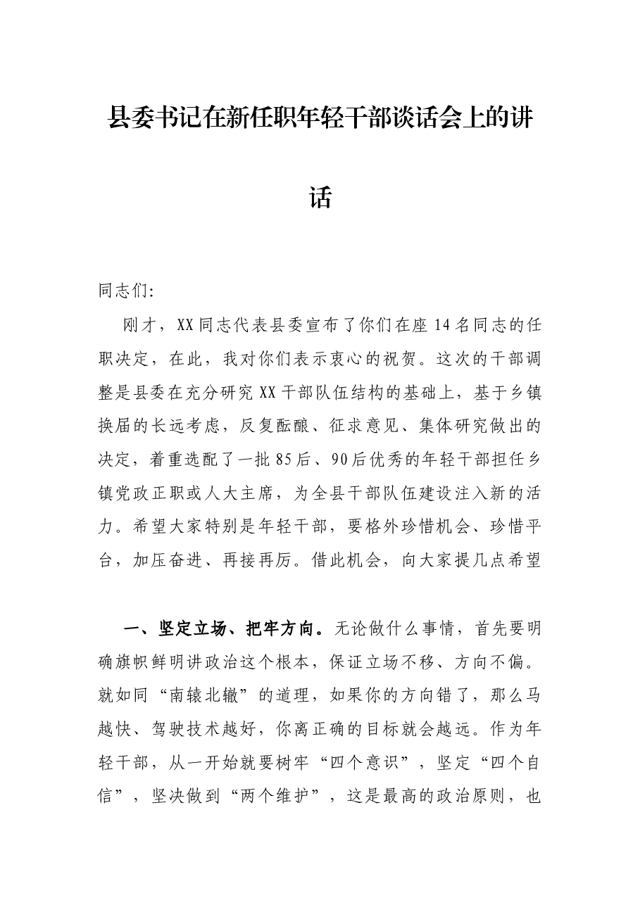 县委书记在新任职年轻干部谈话会上的讲话.docx,第1页预览
