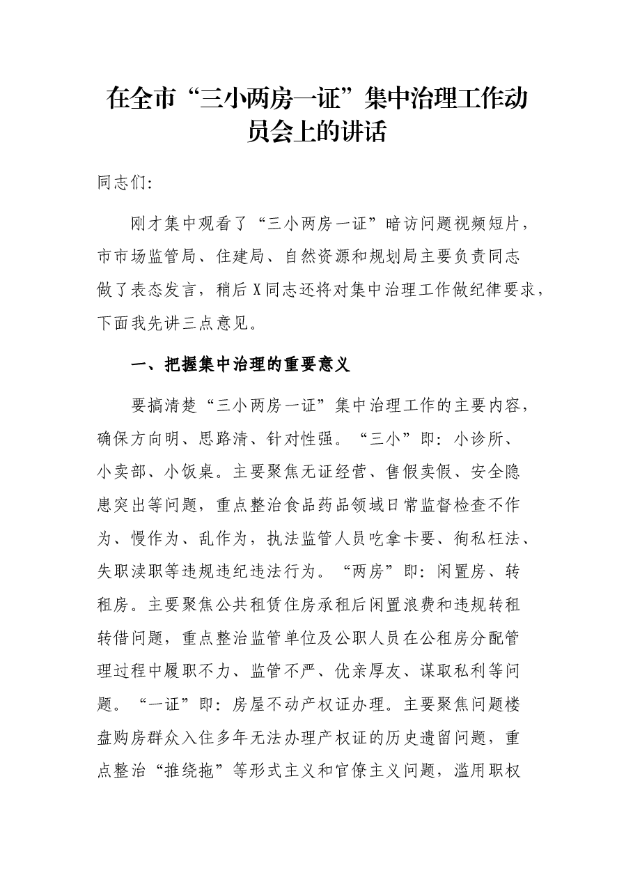 在全市“三小两房一证”集中治理工作动员会上的讲话.docx，第1页预览