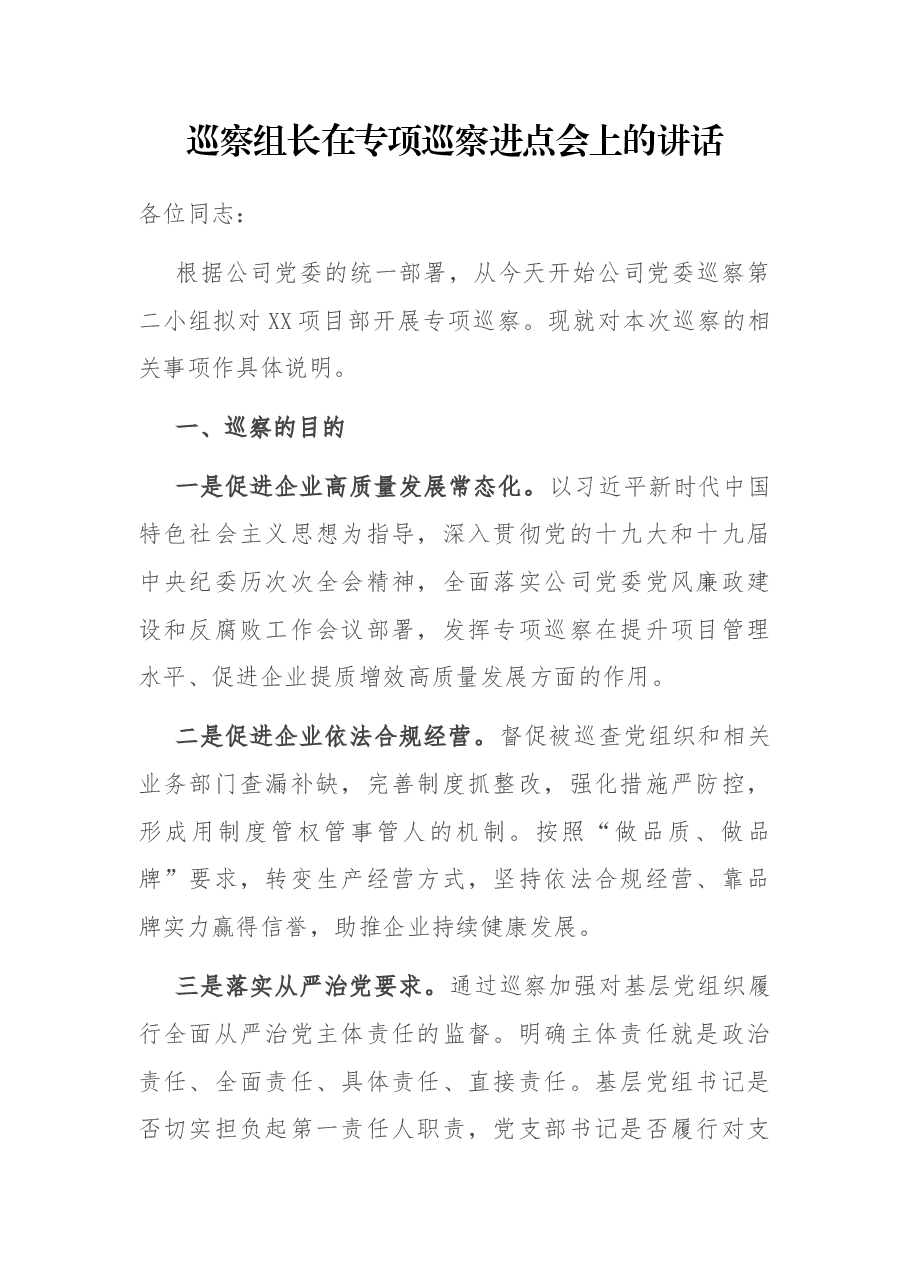 巡察组长在专项巡察进点会上的讲话.docx,第1页预览