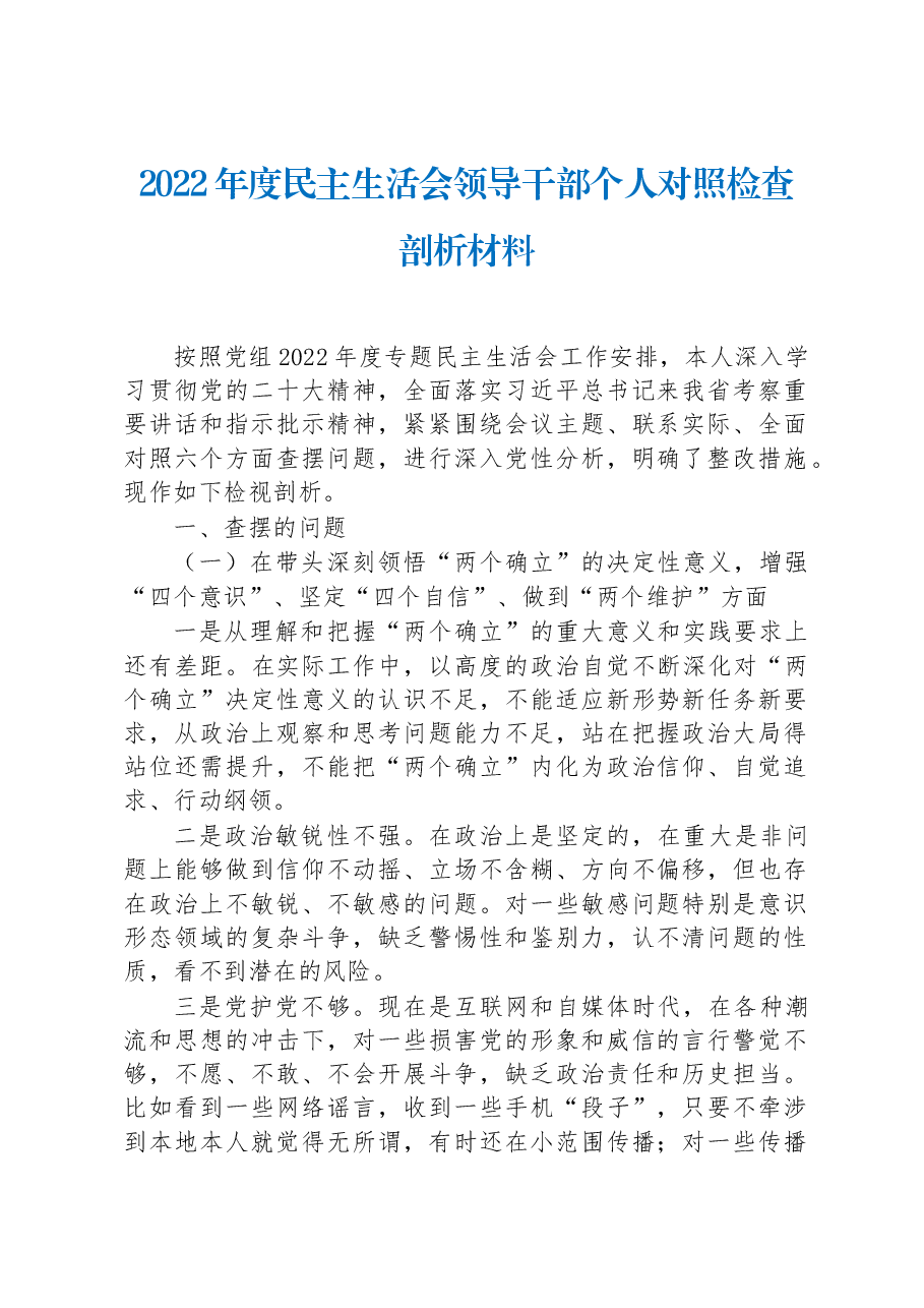 2022年度民主生活会领导干部个人对照检查剖析材料.docx,第1页预览