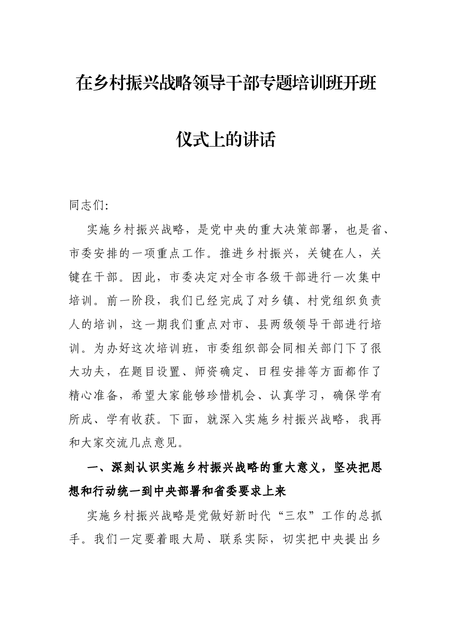 在乡村振兴战略领导干部专题培训班开班仪式上的讲话.docx,第1页预览