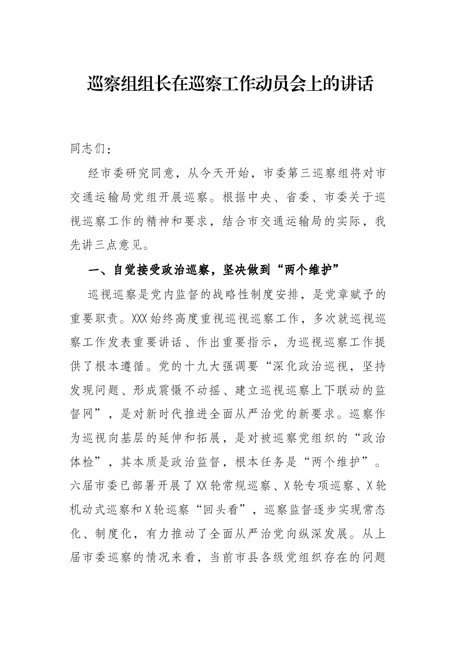 巡察组组长在巡察工作动员会上的讲话.docx,第1页预览