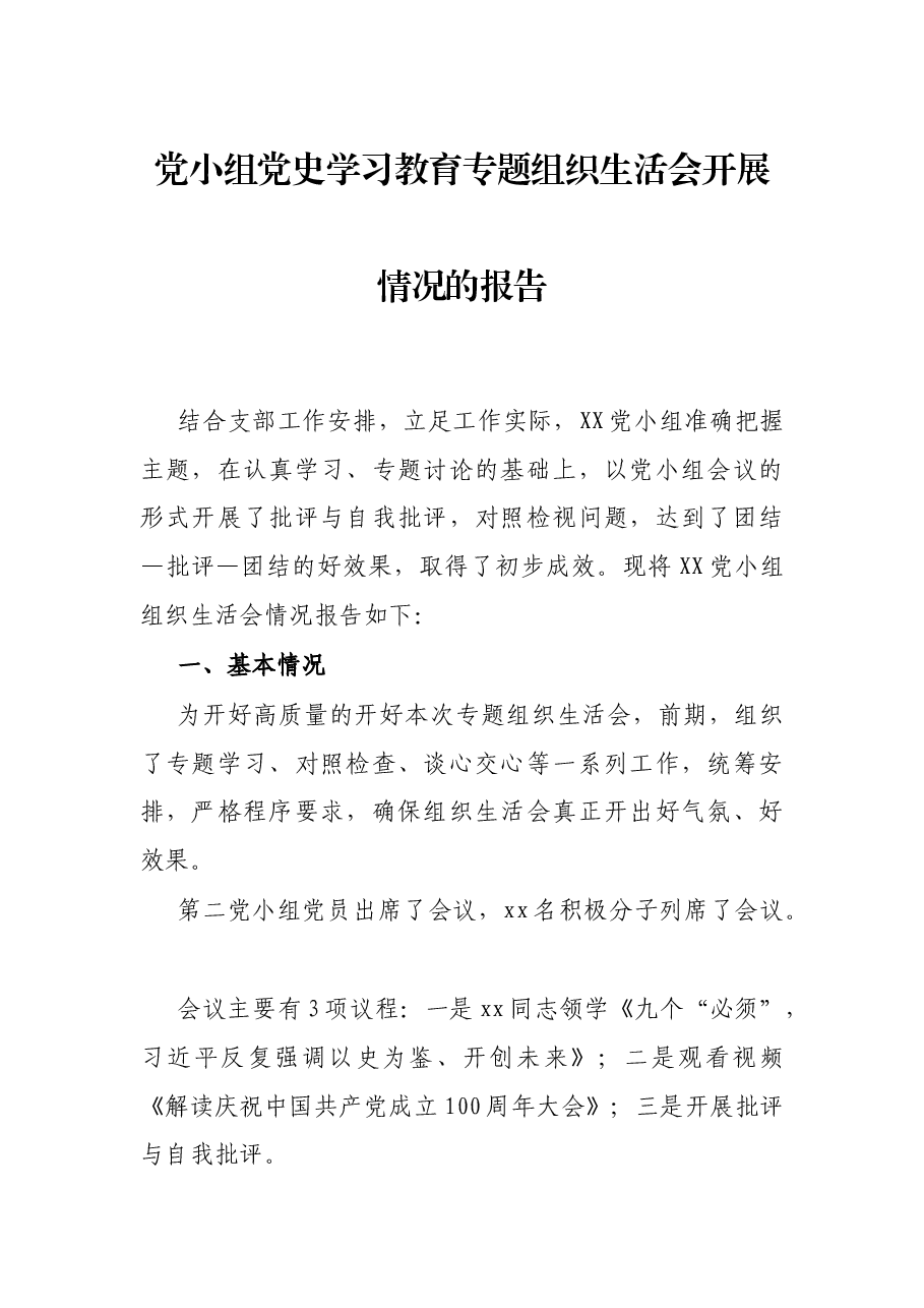 党小组党史学习教育专题组织生活会开展情况的报告.docx,第1页预览