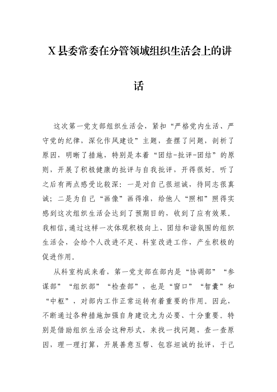 X县委常委在分管领域组织生活会上的讲话.docx,第1页预览