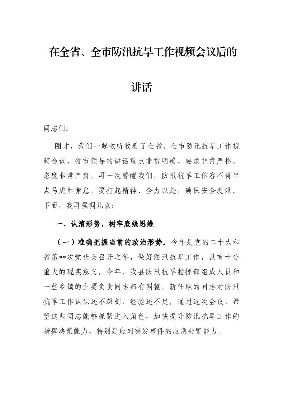在全省、全市防汛抗旱工作视频会议后的讲话.docx,第1页预览
