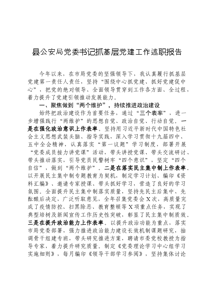 年终13:县公安局党委书记抓基层党建工作述职报告.docx,第1页预览