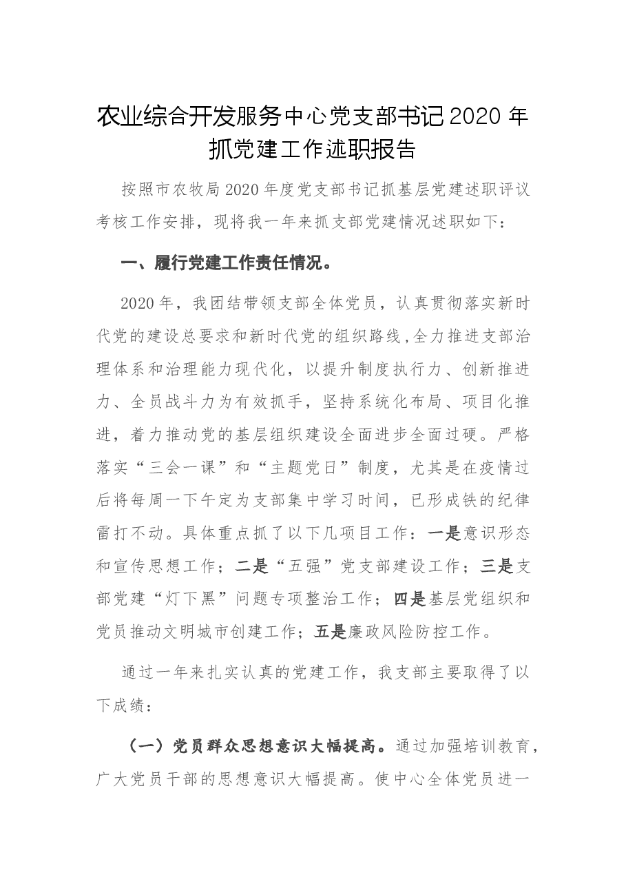 农业综合开发服务中心党支部书记2020年抓党建工作述职报告.docx,第1页预览