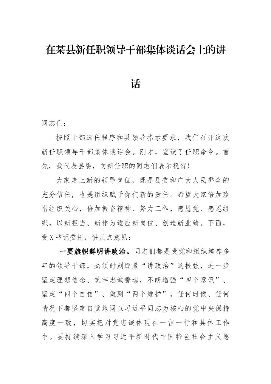 在某县新任职领导干部集体谈话会上的讲话.docx,第1页预览
