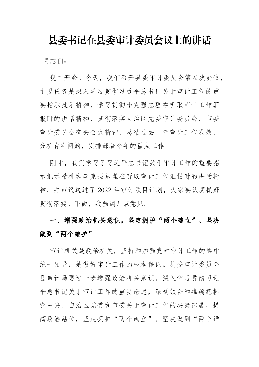 县委书记在县委审计委员会议上的讲话.docx,第1页预览