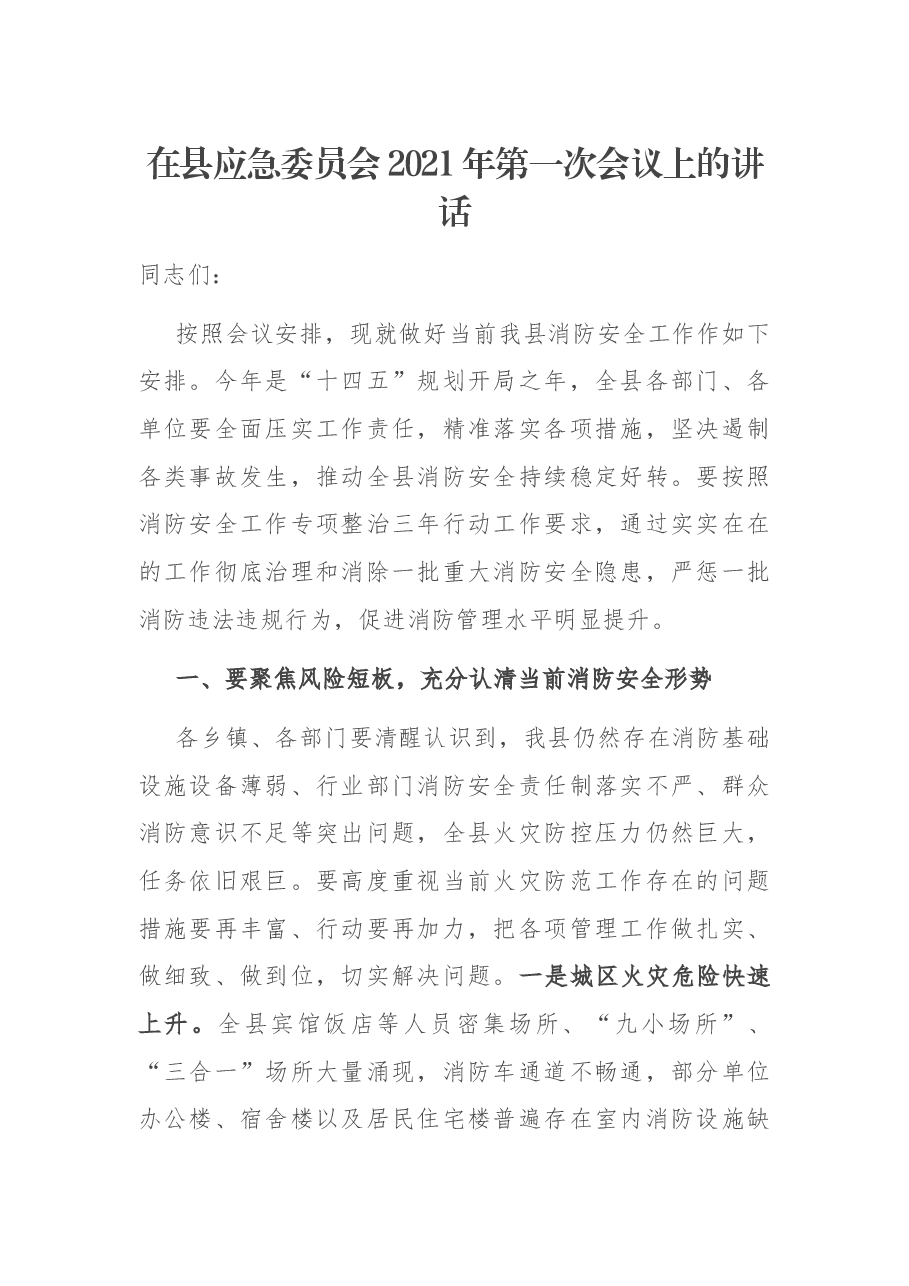 在县应急委员会2021年第一次会议上的讲话.docx,第1页预览
