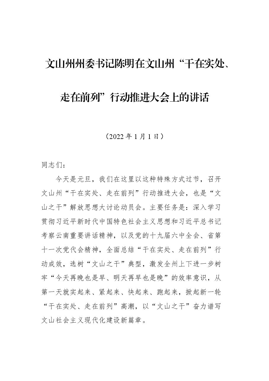 文山州州委书记陈明在文山州“干在实处、走在前列”行动推进大会上的讲话.docx,第1页预览