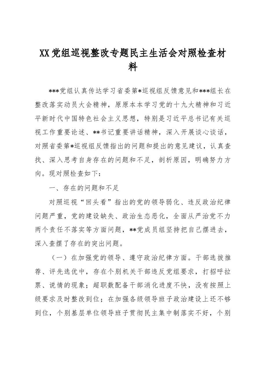 XX党组巡视整改专题民主生活会对照检查材料.doc，第1页预览