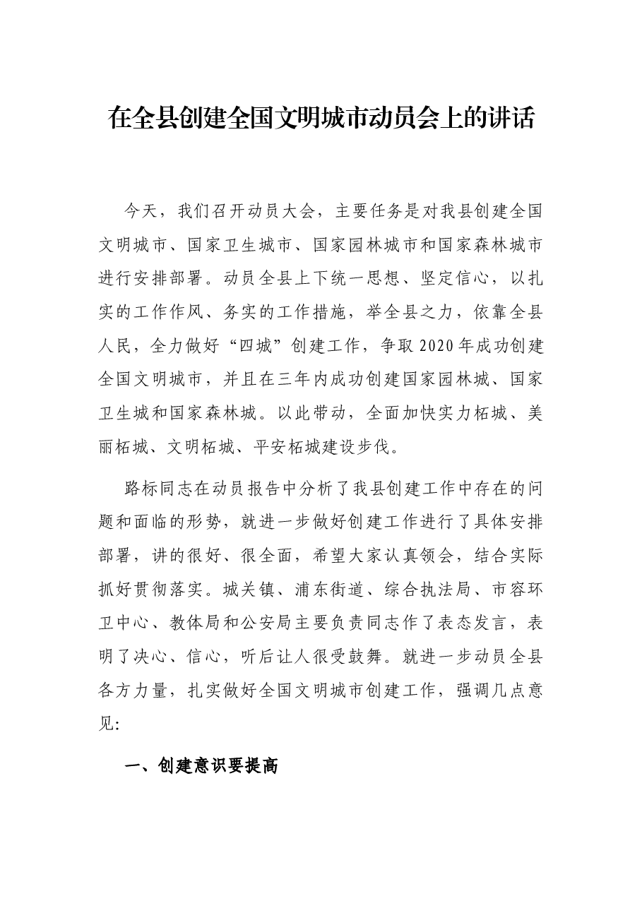 在全县创建全国文明城市动员会上的讲话.docx,第1页预览