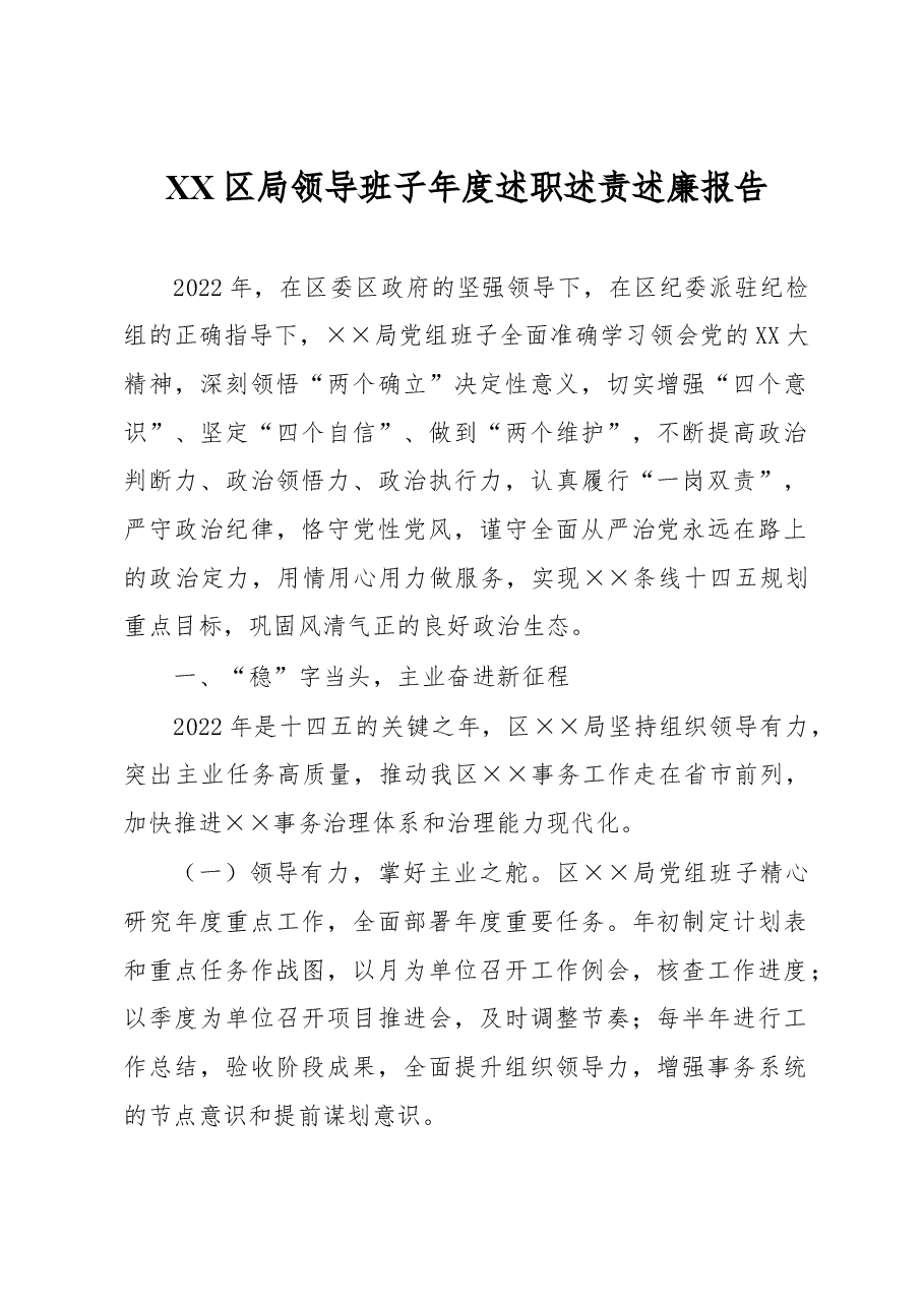 XX区局领导班子年度述职述责述廉报告.docx,第1页预览