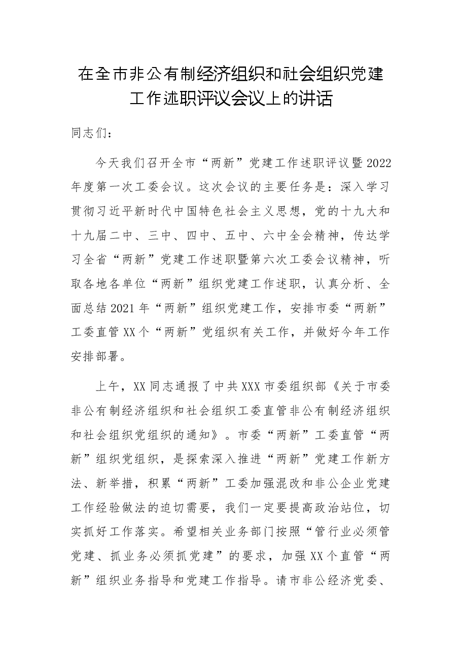 在全市非公有制经济组织和社会组织党建工作述职评议会议上的讲话.docx，第1页预览
