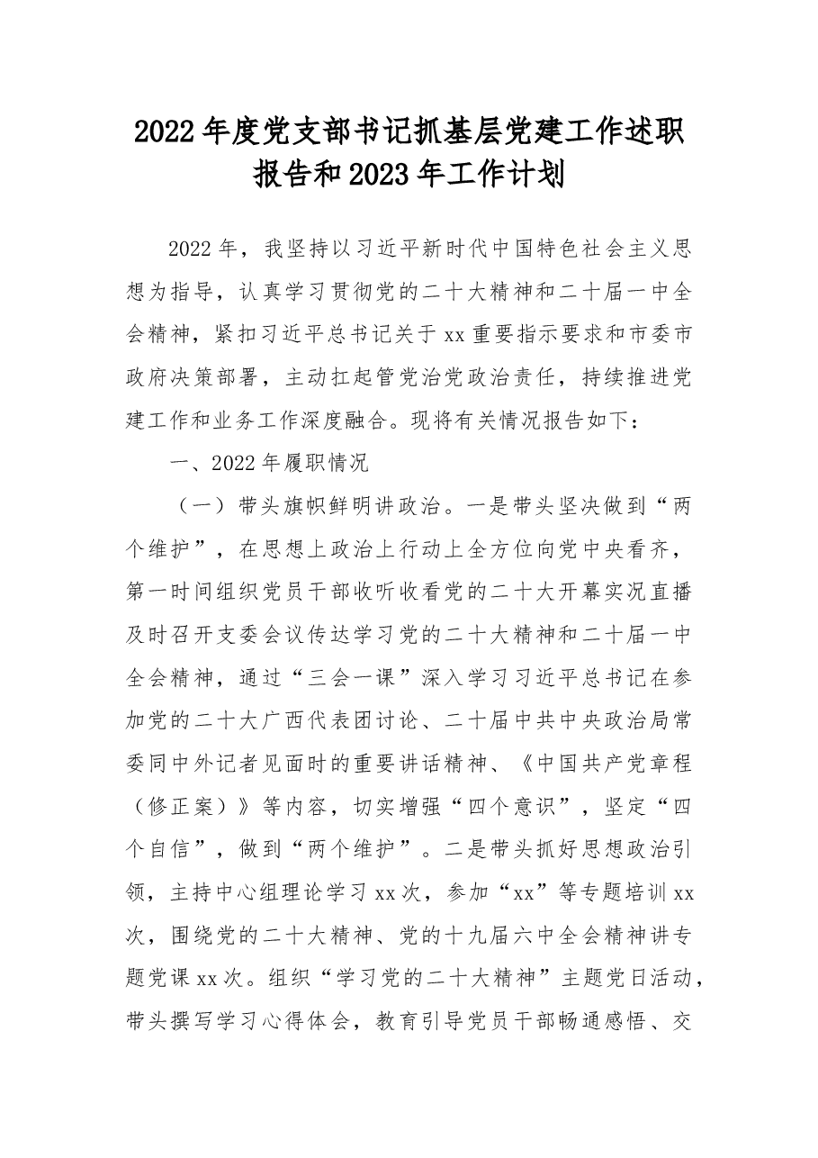 2022年度党支部书记抓基层党建工作述职报告和2023年工作计划.docx,第1页预览