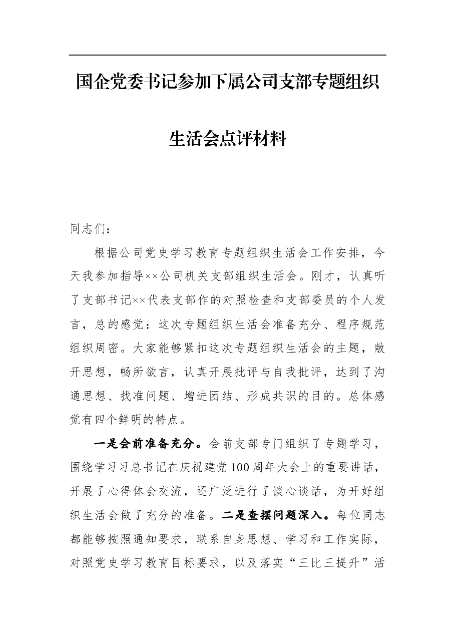 国企党委书记参加下属公司支部专题组织生活会点评材料.docx,第1页预览