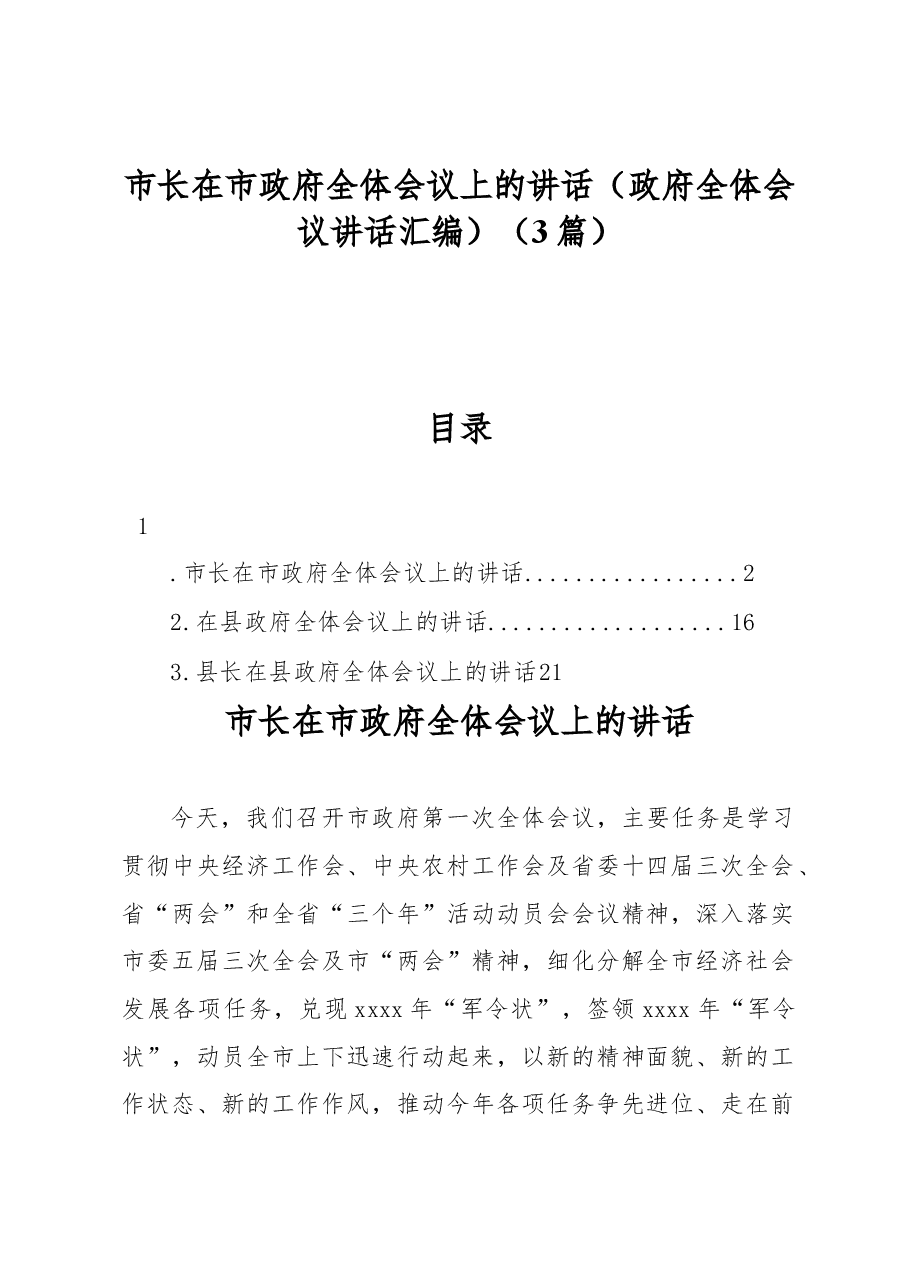 （3篇）市长在市政府全体会议上的讲话.docx，第1页预览